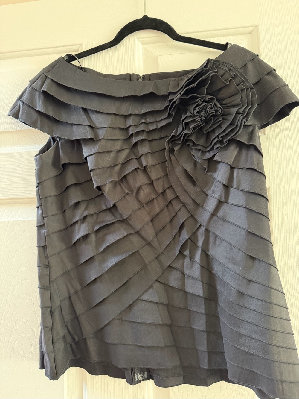 Tadashi Shoji Slate Gray One-Shoulder Layered Ruffle Dress with Floral Detail